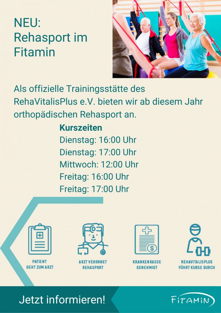 Rehasport in Rheinbach, als offizielle Trainingsstätte des RehaVitalisPlus e.V. bieten wir ab diesem Jahr orthopädischen Rehasport an. Kurszeiten: Dienstag: 16:00 Uhr Dienstag: 17:00 Uhr Mittwoch: 12:00 Uhr Freitag: 16:00 Uhr Freitag: 17:00 Uhr